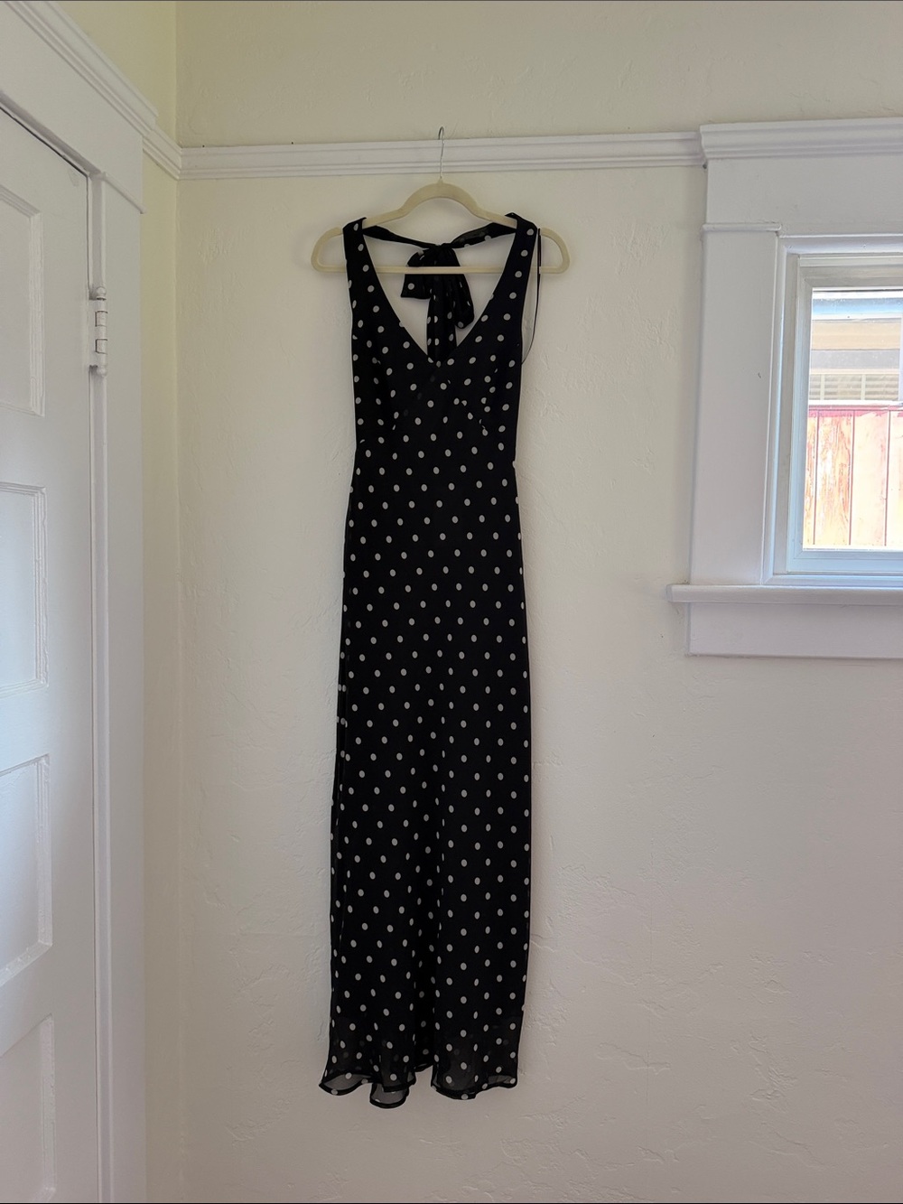 Polka Dot Black Maxi Dress with Tie Back - Picture 3 of 7